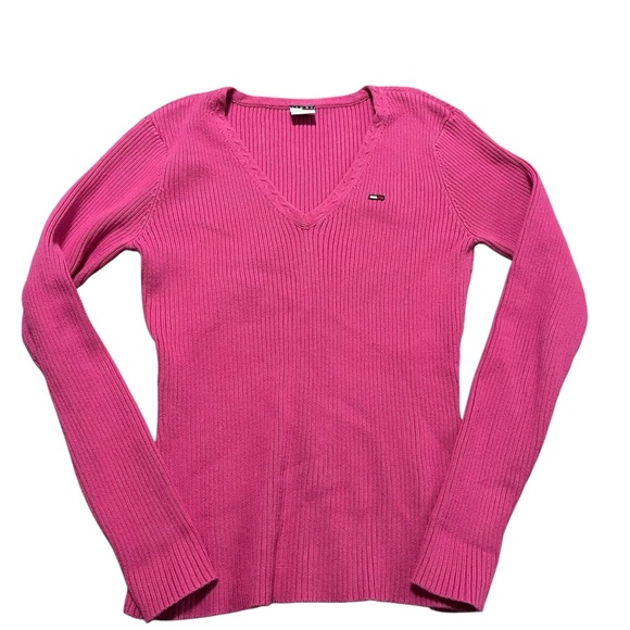 90s Y2K Tommy Jeans Vibrant Pink Babydoll Knit Sweater Size Large Hilfiger 2000 - Picture 1 of 7